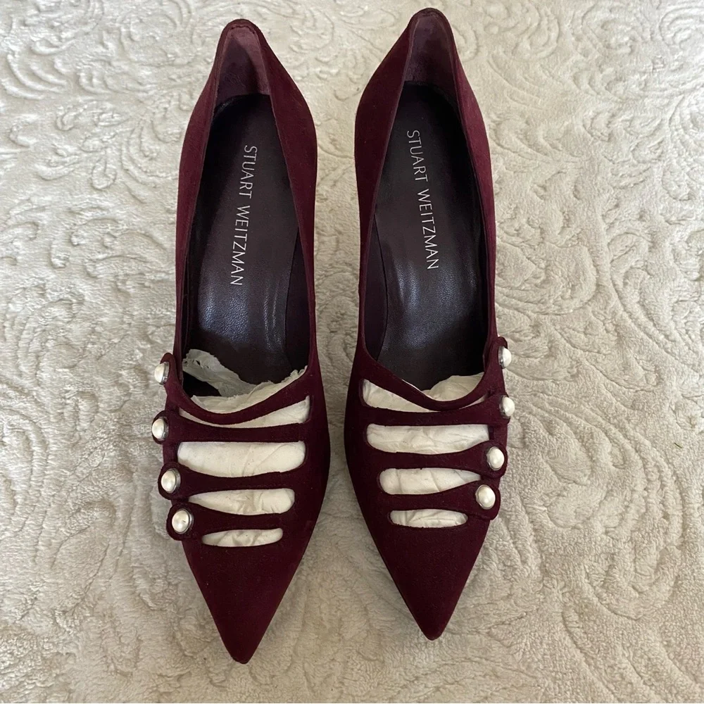 Stuart Weitzman Burgundy Suede Pointed Toe Pump - Picture 1 of 6
